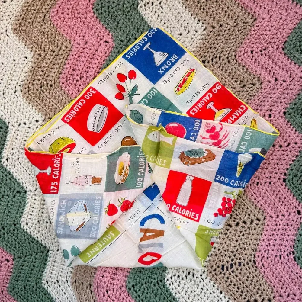 Vintage 1950s Calorie Counter Novelty Handkerchief Food Drink Chart Cotton Art